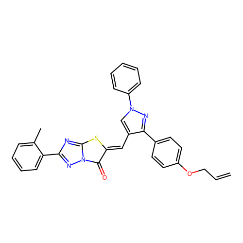 (5Z)-2-(2-methylphenyl)-5-({1-phenyl-3-[4-(prop-2-en-1-yloxy)phenyl]-1H-pyrazol-4-yl}methylidene)[1,3]thiazolo[3,2-b][1,2,4]triazol-6(5H)-one structure