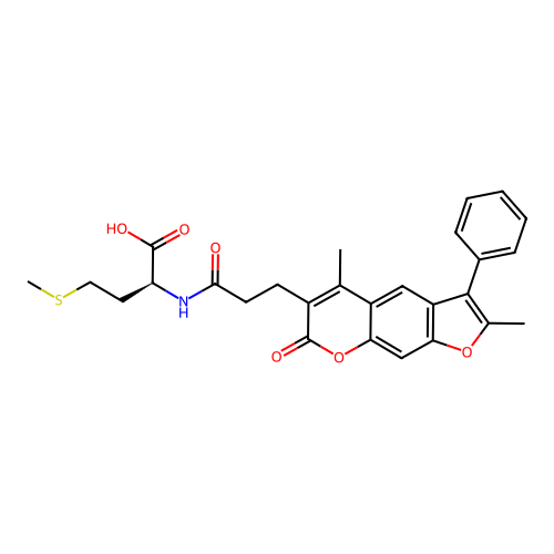 (S)-2-(3-(2,5-dimethyl-7-oxo-3-phenyl-7H-furo[3,2-g]chromen-6-yl)propanamido)-4-(methylthio)butanoic acid structure