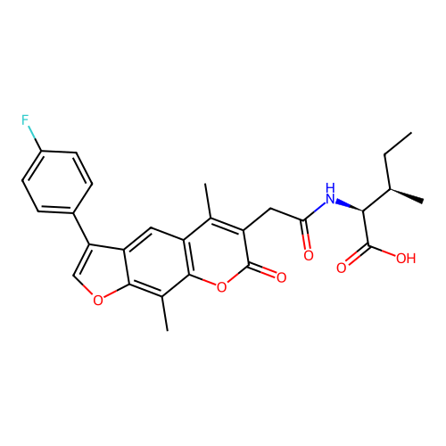 (2S,3R)-2-(2-(3-(4-fluorophenyl)-5,9-dimethyl-7-oxo-7H-furo[3,2-g]chromen-6-yl)acetamido)-3-methylpentanoic acid structure