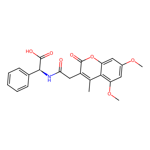 (S)-2-(2-(5,7-dimethoxy-4-methyl-2-oxo-2H-chromen-3-yl)acetamido)-2-phenylacetic acid structure