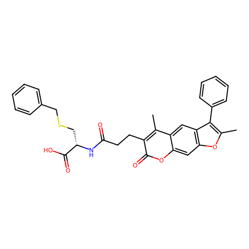 (R)-3-(benzylthio)-2-(3-(2,5-dimethyl-7-oxo-3-phenyl-7H-furo[3,2-g]chromen-6-yl)propanamido)propanoic acid structure