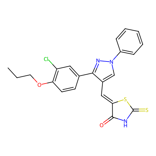 (5Z)-5-{[3-(3-chloro-4-propoxyphenyl)-1-phenyl-1H-pyrazol-4-yl]methylidene}-2-thioxo-1,3-thiazolidin-4-one structure