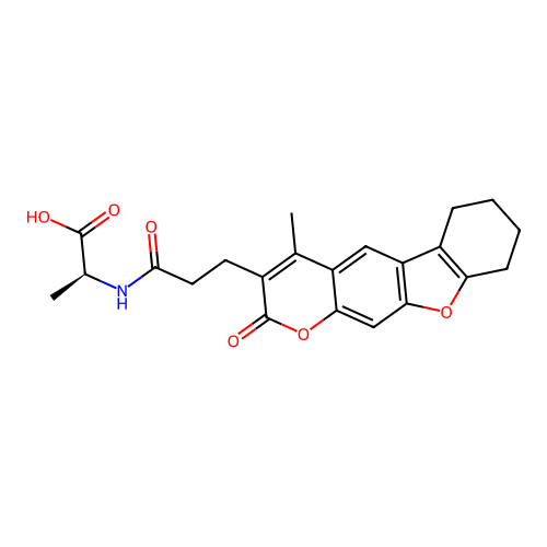 (S)-2-(3-(4-methyl-2-oxo-6,7,8,9-tetrahydro-2H-benzofuro[3,2-g]chromen-3-yl)propanamido)propanoic acid structure