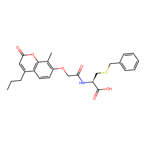 (R)-3-(benzylthio)-2-(2-((8-methyl-2-oxo-4-propyl-2H-chromen-7-yl)oxy)acetamido)propanoic acid structure