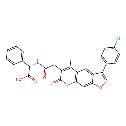 (2S)-({[3-(4-chlorophenyl)-5-methyl-7-oxo-7H-furo[3,2-g]chromen-6-yl]acetyl}amino)(phenyl)ethanoic acid structure