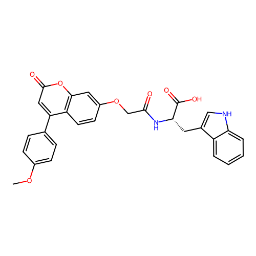 (S)-3-(1H-indol-3-yl)-2-(2-((4-(4-methoxyphenyl)-2-oxo-2H-chromen-7-yl)oxy)acetamido)propanoic acid structure