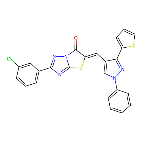 (5Z)-2-(3-chlorophenyl)-5-[(1-phenyl-3-thien-2-yl-1H-pyrazol-4-yl)methylene][1,3]thiazolo[3,2-b][1,2,4]triazol-6(5H)-one structure