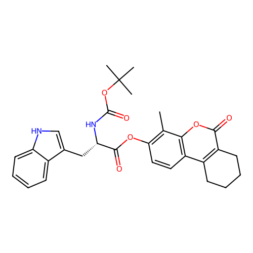 (S)-4-methyl-6-oxo-7,8,9,10-tetrahydro-6H-benzo[c]chromen-3-yl 2-((tert-butoxycarbonyl)amino)-3-(1H-indol-3-yl)propanoate structure