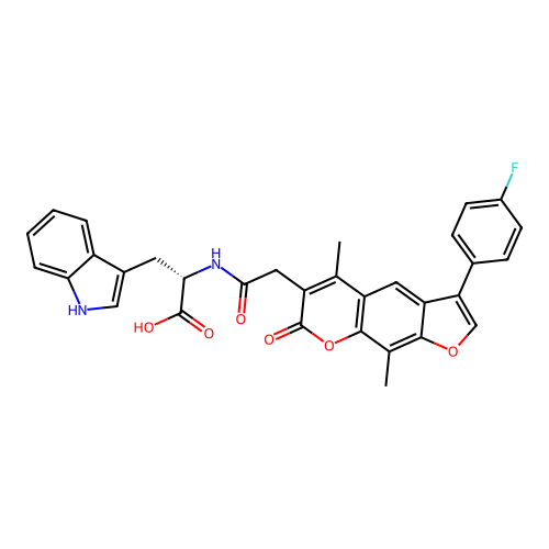 (2S)-2-[[2-[3-(4-fluorophenyl)-5,9-dimethyl-7-oxofuro[3,2-g]chromen-6-yl]acetyl]amino]-3-(1H-indol-3-yl)propanoic acid structure