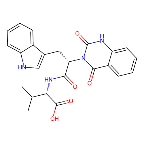 (S)-2-((S)-2-(2,4-dioxo-1,2-dihydroquinazolin-3(4H)-yl)-3-(1H-indol-3-yl)propanamido)-3-methylbutanoic acid structure