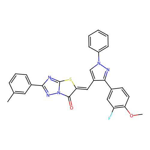(5Z)-5-{[3-(3-fluoro-4-methoxyphenyl)-1-phenyl-1H-pyrazol-4-yl]methylidene}-2-(3-methylphenyl)[1,3]thiazolo[3,2-b][1,2,4]triazol-6(5H)-one structure