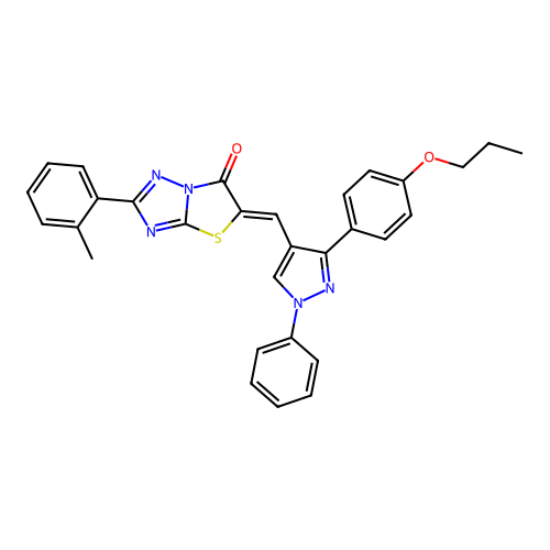 (5Z)-2-(2-methylphenyl)-5-{[1-phenyl-3-(4-propoxyphenyl)-1H-pyrazol-4-yl]methylidene}[1,3]thiazolo[3,2-b][1,2,4]triazol-6(5H)-one structure