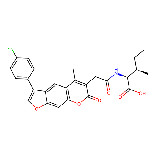 N-{[3-(4-chlorophenyl)-5-methyl-7-oxo-7H-furo[3,2-g]chromen-6-yl]acetyl}-L-isoleucine structure