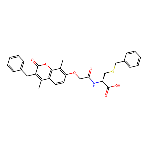 (R)-2-(2-((3-benzyl-4,8-dimethyl-2-oxo-2H-chromen-7-yl)oxy)acetamido)-3-(benzylthio)propanoic acid structure