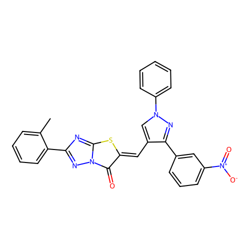 (5Z)-2-(2-methylphenyl)-5-[[3-(3-nitrophenyl)-1-phenylpyrazol-4-yl]methylidene]-[1,3]thiazolo[3,2-b][1,2,4]triazol-6-one structure