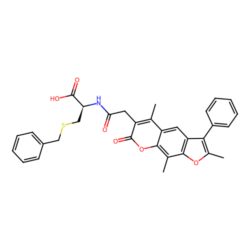 (R)-3-(benzylthio)-2-(2-(2,5,9-trimethyl-7-oxo-3-phenyl-7H-furo[3,2-g]chromen-6-yl)acetamido)propanoic acid structure