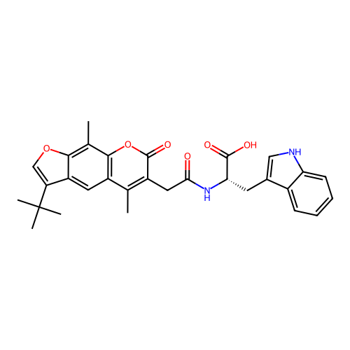 (S)-2-(2-(3-(tert-butyl)-5,9-dimethyl-7-oxo-7H-furo[3,2-g]chromen-6-yl)acetamido)-3-(1H-indol-3-yl)propanoic acid structure