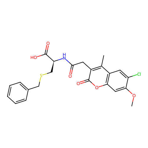 (R)-3-(benzylthio)-2-(2-(6-chloro-7-methoxy-4-methyl-2-oxo-2H-chromen-3-yl)acetamido)propanoic acid structure