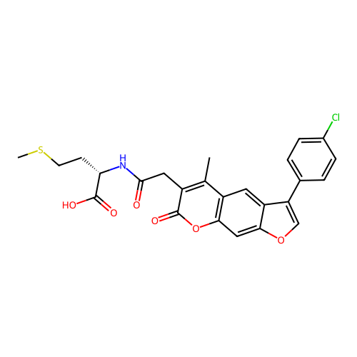 N-{[3-(4-chlorophenyl)-5-methyl-7-oxo-7H-furo[3,2-g]chromen-6-yl]acetyl}-L-methionine structure