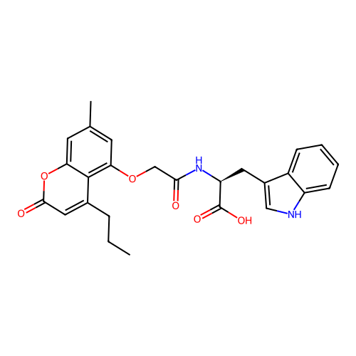 N-{[(7-methyl-2-oxo-4-propyl-2H-chromen-5-yl)oxy]acetyl}-L-tryptophan structure