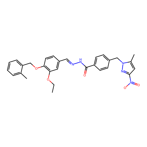 (E)-N'-(3-ethoxy-4-((2-methylbenzyl)oxy)benzylidene)-4-((5-methyl-3-nitro-1H-pyrazol-1-yl)methyl)benzohydrazide structure