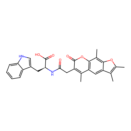 (S)-3-(1H-indol-3-yl)-2-(2-(2,3,5,9-tetramethyl-7-oxo-7H-furo[3,2-g]chromen-6-yl)acetamido)propanoic acid structure
