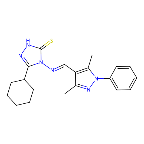(E)-5-cyclohexyl-4-(((3,5-dimethyl-1-phenyl-1H-pyrazol-4-yl)methylene)amino)-4H-1,2,4-triazole-3-thiol structure