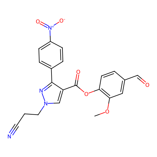 4-formyl-2-methoxyphenyl 1-(2-cyanoethyl)-3-(4-nitrophenyl)-1H-pyrazole-4-carboxylate structure