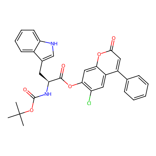 (S)-6-chloro-2-oxo-4-phenyl-2H-chromen-7-yl 2-((tert-butoxycarbonyl)amino)-3-(1H-indol-3-yl)propanoate structure