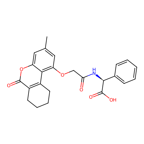 (S)-2-(2-((3-methyl-6-oxo-7,8,9,10-tetrahydro-6H-benzo[c]chromen-1-yl)oxy)acetamido)-2-phenylacetic acid structure