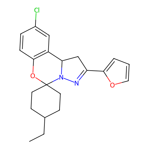 2-chloro-14-ethyl-9-(2-furyl)spiro[10aH-benzo[e]2-pyrazolino[1,5-c]1,3-oxazine-6,4'-cyclohexane] structure