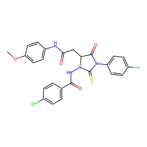 4-chloro-N-[3-(4-fluorophenyl)-5-[2-(4-methoxyanilino)-2-oxoethyl]-4-oxo-2-sulfanylideneimidazolidin-1-yl]benzamide structure