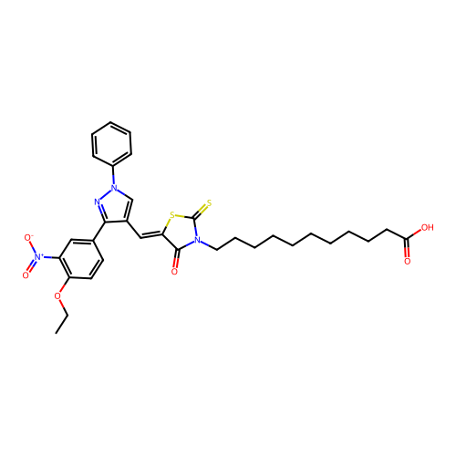 (Z)-11-(5-((3-(4-ethoxy-3-nitrophenyl)-1-phenyl-1H-pyrazol-4-yl)methylene)-4-oxo-2-thioxothiazolidin-3-yl)undecanoic acid structure