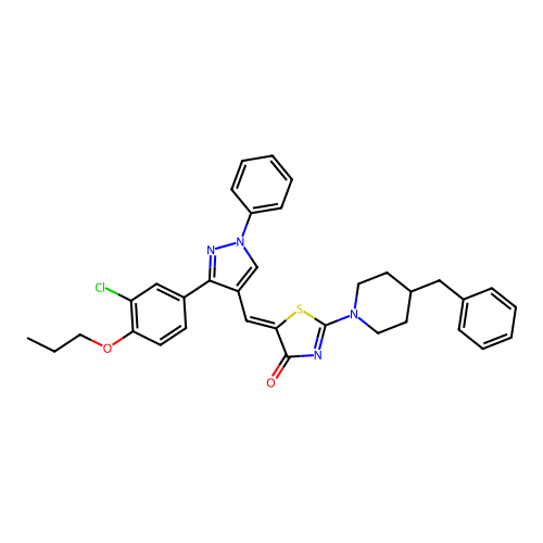 (5Z)-2-(4-benzylpiperidin-1-yl)-5-{[3-(3-chloro-4-propoxyphenyl)-1-phenyl-1H-pyrazol-4-yl]methylidene}-1,3-thiazol-4(5H)-one structure