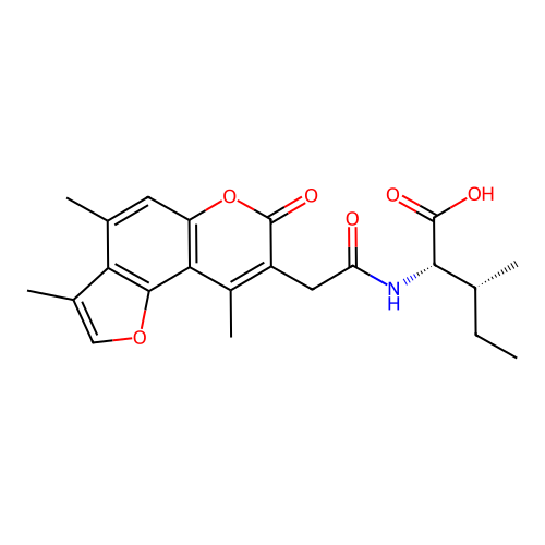 N-[(3,4,9-trimethyl-7-oxo-7H-furo[2,3-f]chromen-8-yl)acetyl]-L-isoleucine structure