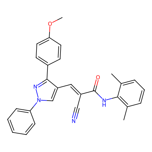 (E)-2-cyano-N-(2,6-dimethylphenyl)-3-[3-(4-methoxyphenyl)-1-phenylpyrazol-4-yl]prop-2-enamide structure