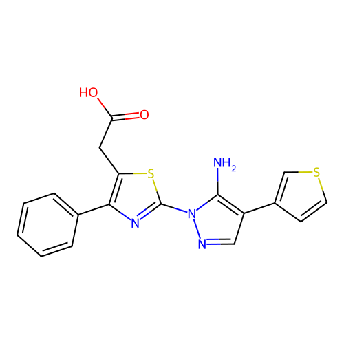 2-{2-[5-amino-4-(3-thienyl)-1H-pyrazol-1-yl]-4-phenyl-1,3-thiazol-5-yl}acetic acid structure