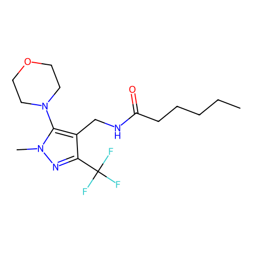 N-{[1-methyl-5-morpholino-3-(trifluoromethyl)-1H-pyrazol-4-yl]methyl}hexanamide structure