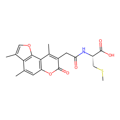 S-methyl-N-[(3,4,9-trimethyl-7-oxo-7H-furo[2,3-f]chromen-8-yl)acetyl]-L-cysteine structure