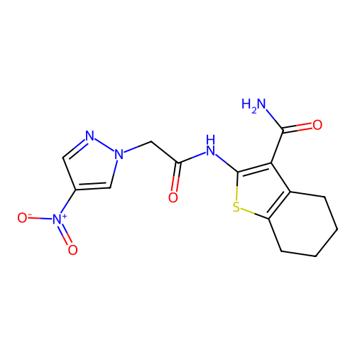 2-[2-(4-nitro-1H-pyrazol-1-yl)acetamido]-4,5,6,7-tetrahydro-1-benzothiophene-3-carboxamide structure