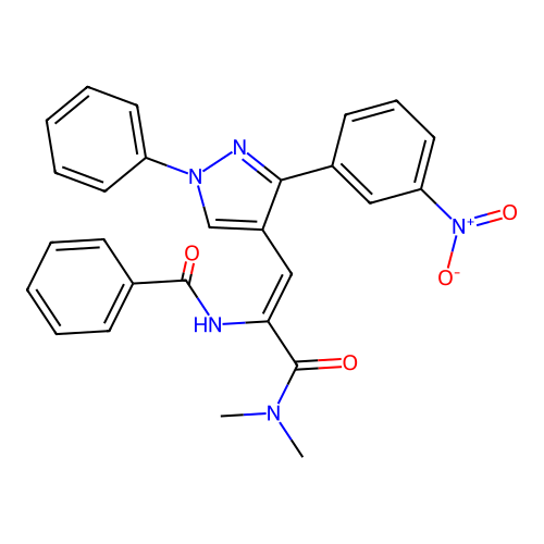 N-[1-(dimethylcarbamoyl)-2-[3-(3-nitrophenyl)-1-phenyl-pyrazol-4-yl]ethenyl]benzamide structure