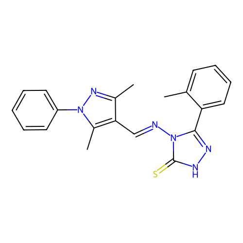 4-[(E)-(3,5-dimethyl-1-phenylpyrazol-4-yl)methylideneamino]-3-(2-methylphenyl)-1H-1,2,4-triazole-5-thione structure