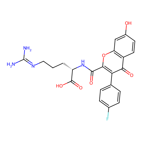 N~2~-{[3-(4-fluorophenyl)-7-hydroxy-4-oxo-4H-chromen-2-yl]carbonyl}-L-arginine structure