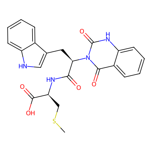 (R)-2-((R)-2-(2,4-dioxo-1,2-dihydroquinazolin-3(4H)-yl)-3-(1H-indol-3-yl)propanamido)-3-(methylthio)propanoic acid structure