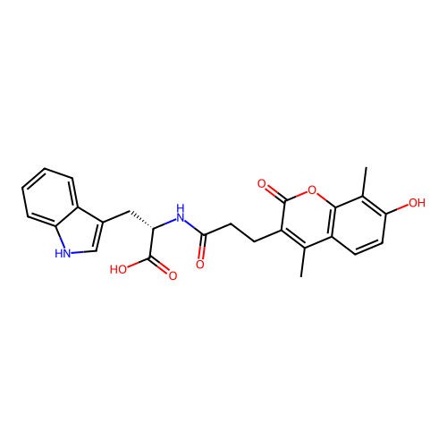 (S)-2-(3-(7-hydroxy-4,8-dimethyl-2-oxo-2H-chromen-3-yl)propanamido)-3-(1H-indol-3-yl)propanoic acid structure