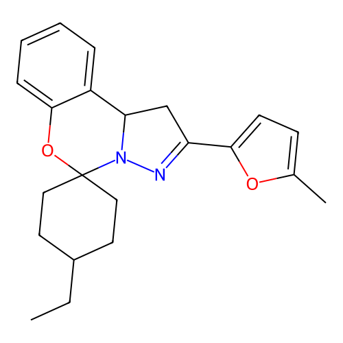 14-ethyl-9-(5-methyl(2-furyl))spiro[10aH-benzo[e]2-pyrazolino[1,5-c]1,3-oxazin e-6,4'-cyclohexane] structure