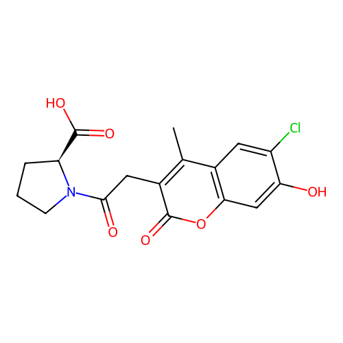 1-[(6-chloro-7-hydroxy-4-methyl-2-oxo-2H-chromen-3-yl)acetyl]-L-proline structure
