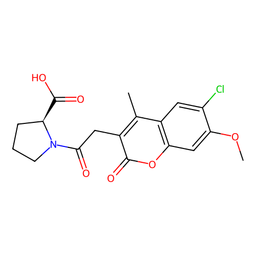 (S)-1-(2-(6-chloro-7-methoxy-4-methyl-2-oxo-2H-chromen-3-yl)acetyl)pyrrolidine-2-carboxylic acid structure