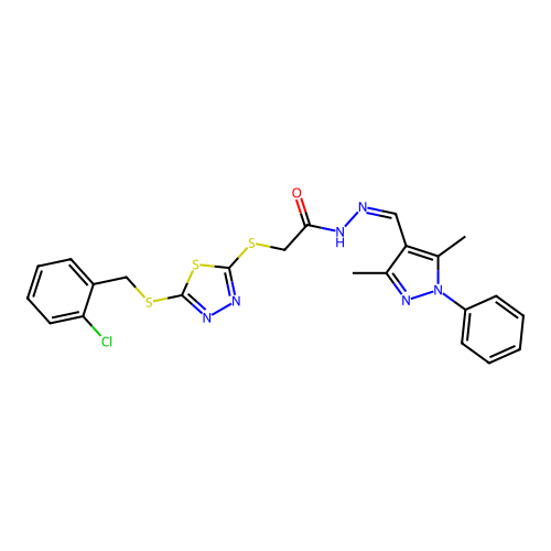 [5-(2-Chloro-benzylsulfanyl)-[1,3,4]thiadiazol-2-ylsulfanyl]-acetic acid [1-(3,5-dimethyl-1-phenyl-1H-pyrazol-4-yl)-meth-(E)-ylidene]-hydrazide structure
