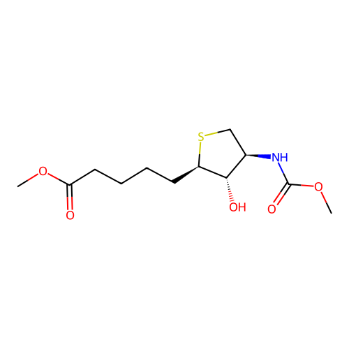 methyl 5-((2R,3S,4S)-3-hydroxy-4-((methoxycarbonyl)amino)tetrahydrothiophen-2-yl)pentanoate structure